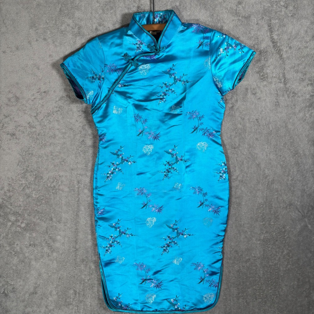 Shanghai Soho Vintage Turquoise Blue Floral Rayon Cheongsam Qipao Dress Fits M